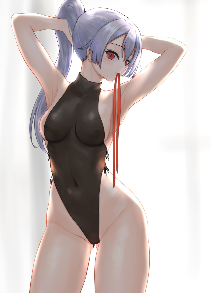 1girl absurdres armpits arms_behind_head arms_up backlighting bangs bare_shoulders black_leotard blush breasts covered_navel fate/grand_order fate_(series) hair_between_eyes highleg highleg_leotard highres large_breasts leotard long_hair looking_at_viewer mouth_hold ponytail red_eyes red_ribbon ribbon silver_hair solo sudako_(dai011305) thighs tomoe_gozen_(fate/grand_order) tying_hair