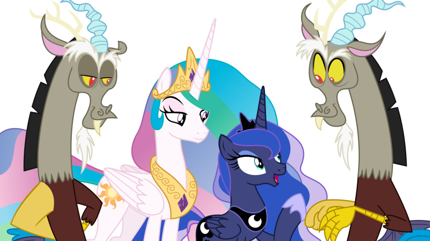 16:9 2019 absurd_res alpha_channel antlers crown cutie_mark discord_(mlp) draconequus equid feathered_wings feathers female feral friendship_is_magic group hair hi_res horn jewelry long_hair male mammal multicolored_hair my_little_pony necklace princess_celestia_(mlp) princess_luna_(mlp) simple_background sketchmcreations smile transparent_background winged_unicorn wings
