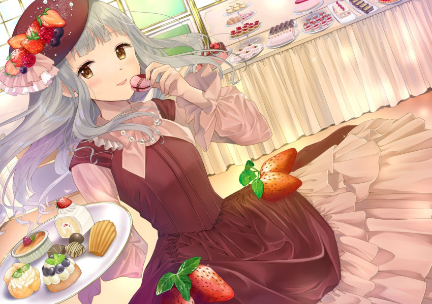 1girl aqua_hair arms_up beret blueberry blush buffet cake candy chocolate commentary_request cookie cream_puff creme_brulee dress dutch_angle food food_on_head fruit fruit_on_head gradient_hair hat holding holding_cookie holding_plate jewelry layered_dress long_hair looking_at_viewer macaron multicolored_hair necklace object_on_head original parfait pearl_necklace pechi_(peeechika) plate raspberry red_headwear solo strawberry swiss_roll table tiered_tray very_long_hair yellow_eyes