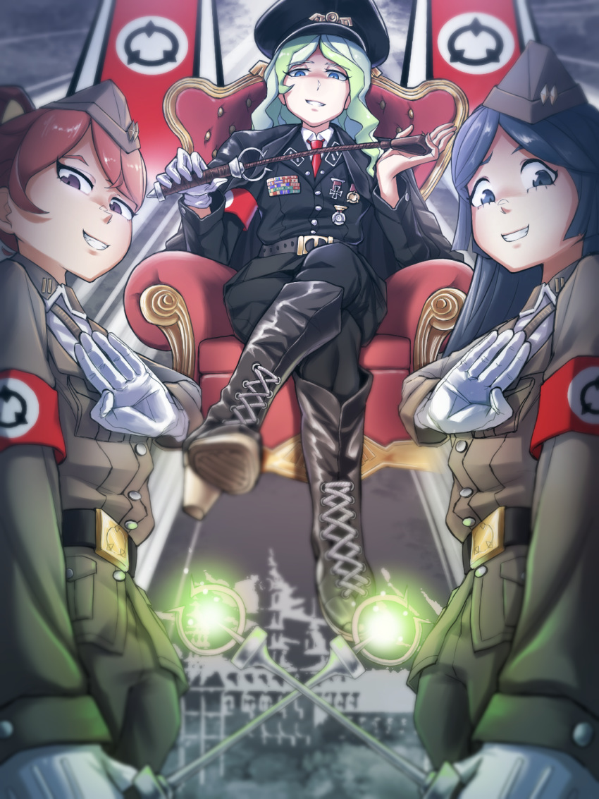 3girls barbara_parker black_footwear blonde_hair blue_eyes blue_hair blush boots cape diana_cavendish grin hanna_england hat highres ice_keki little_witch_academia looking_at_viewer military military_hat military_uniform multiple_girls nazi parted_lips purple_eyes red_hair riding_crop shiny shiny_clothes sitting smile teeth uniform