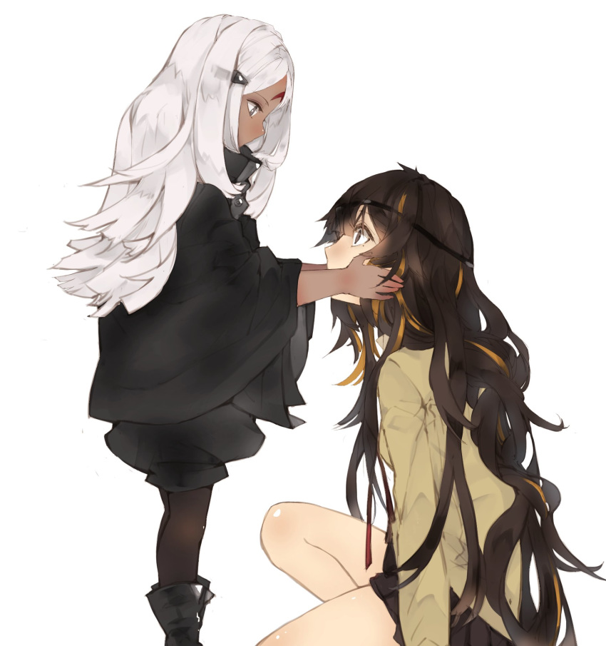 2girls black_hair boots commentary_request elisa_(girls_frontline) girls_frontline height_difference highres holding_another's_head ki_lllorz kneeling korean_commentary looking_up m16a1_(girls_frontline) multiple_girls necktie sangvis_ferri white_background white_hair