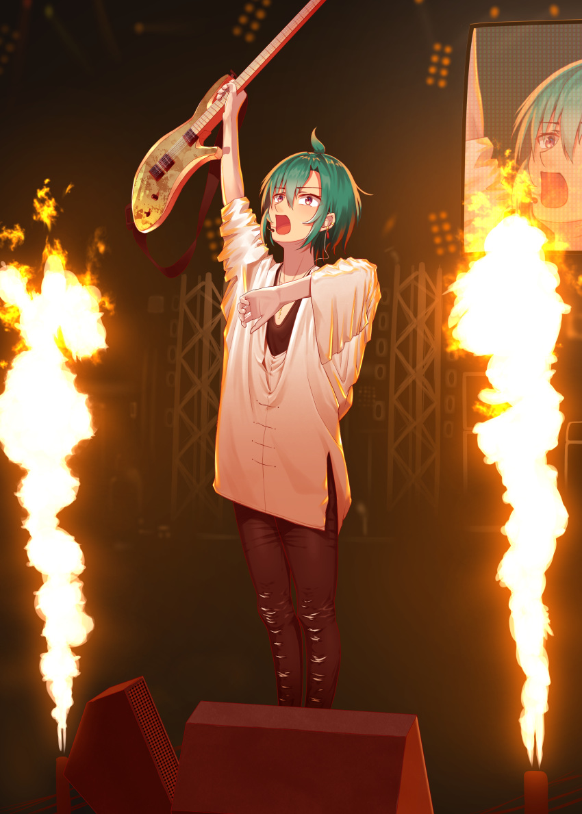 1other :o absurdres ahoge androgynous black_legwear earrings fire flame green_hair guitar guitaro_(yabasaki_taro) headset highres holding holding_instrument indoors instrument jewelry necklace nijisanji purple_eyes red_earrings ryuushen short_hair solo speaker stage virtual_youtuber wide_sleeves