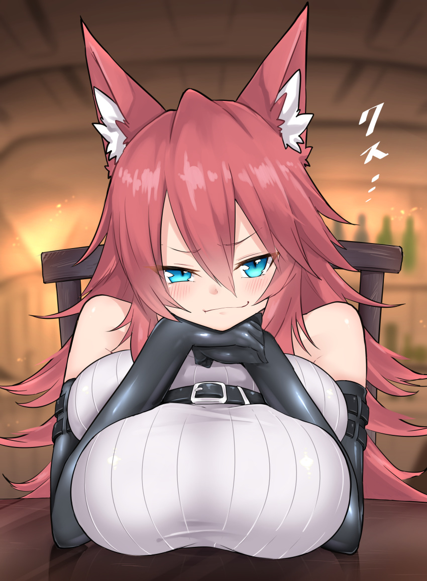 1girl absurdres animal_ear_fluff animal_ears bar bare_shoulders black_gloves blue_eyes breast_rest breast_suppress breasts chair chin_rest commentary_request elbow_gloves eyebrows_visible_through_hair firo_(shun_soku) gloves hair_between_eyes highres huge_breasts long_hair looking_at_viewer original red_hair shirt shun_soku sitting sleeveless sleeveless_shirt smirk solo table upper_body wolf_ears