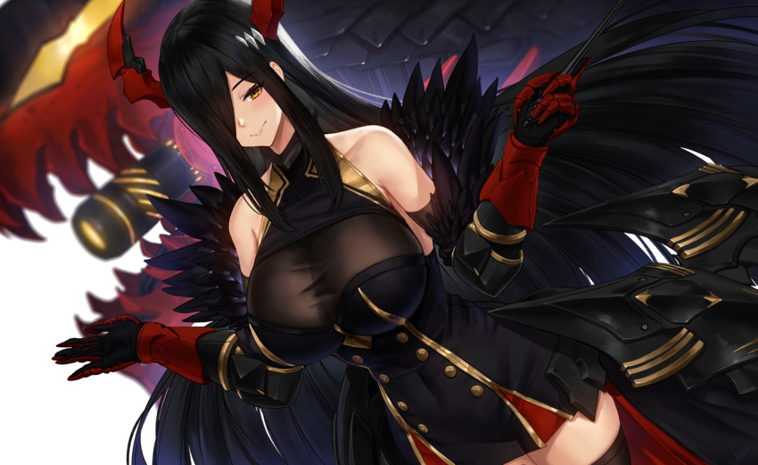 1girl azur_lane bangs bare_shoulders baton_(instrument) black_hair black_legwear blush breasts cleavage closed_mouth edward_montenegro eyebrows_visible_through_hair friedrich_der_grosse_(azur_lane) gloves hair_over_one_eye holding horns large_breasts long_hair looking_at_viewer red_gloves red_horns rigging smile solo thighhighs very_long_hair yellow_eyes