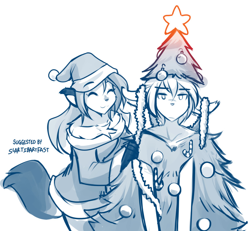 2019 anthro bare_shoulders basitin canid canine chest_tuft christmas christmas_decoration christmas_tree clothed clothing conditional_dnp costume decorating duo eyes_closed female fox hat headgear headwear hi_res holidays keidran keith_keiser laura_(twokinds) male mammal monochrome santa_hat simple_background sketch smile tom_fischbach tree tuft twokinds unamused webcomic white_background