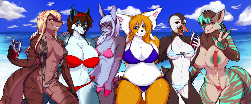 2017 5_fingers absurd_res alcid anthro areola atlantic_puffin avian beach belly beverage big_breasts bikini bird blonde_hair blue_body blue_eyes blue_fur blue_hair blue_sky breast_size_difference breasts brown_body brown_eyes brown_fur brown_hair camo canid canine canis claws cleavage clothed clothing cloud countershading day deep_navel detailed_background digital_camo digital_desert_camo eyewear feathers female fin fingerless_(marking) fingers fish fur gills glasses group hair hi_res huge_breasts kalie klenerschluchti lagomorph lari leporid looking_at_viewer mammal marine medium_breasts navel navel_rim orange_body orange_eyes orange_fur outside overweight pearl_(boolean) piercing pink_eyes porin public puffin rabbit red_eyes requiem_shark sand sasha_the_odot scar seaside shark simone_(xiekon) sky slightly_chubby sling_bikini smile standing stripes swimwear teeth tiger_shark water white_body white_countershading white_fur wide_hips wolf