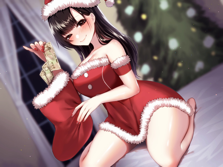 1girl absurdres bangs bare_shoulders black_eyes black_hair blurry blurry_background blush breasts christmas christmas_stocking christmas_tree cleavage collarbone detached_sleeves dress fur-trimmed_dress hat highres holding holding_money indoors large_breasts long_hair looking_at_viewer money original red_dress red_nails sakiryo_kanna santa_costume santa_hat sidelocks sitting smile solo strapless strapless_dress thighs wariza