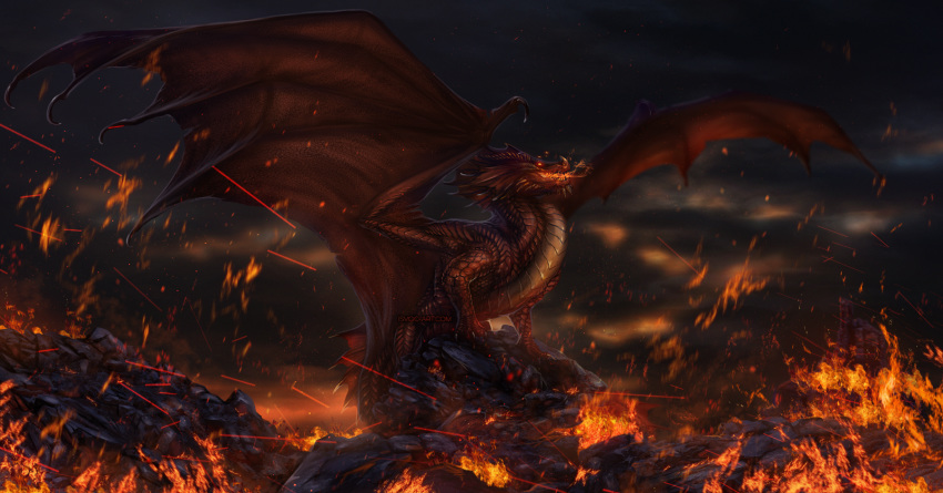 2019 ambiguous_gender claws detailed_background digital_media_(artwork) dragon feral fire hi_res horn isvoc lava membrane_(anatomy) membranous_wings night open_mouth outside rock scales scalie solo spines teeth western_dragon wings
