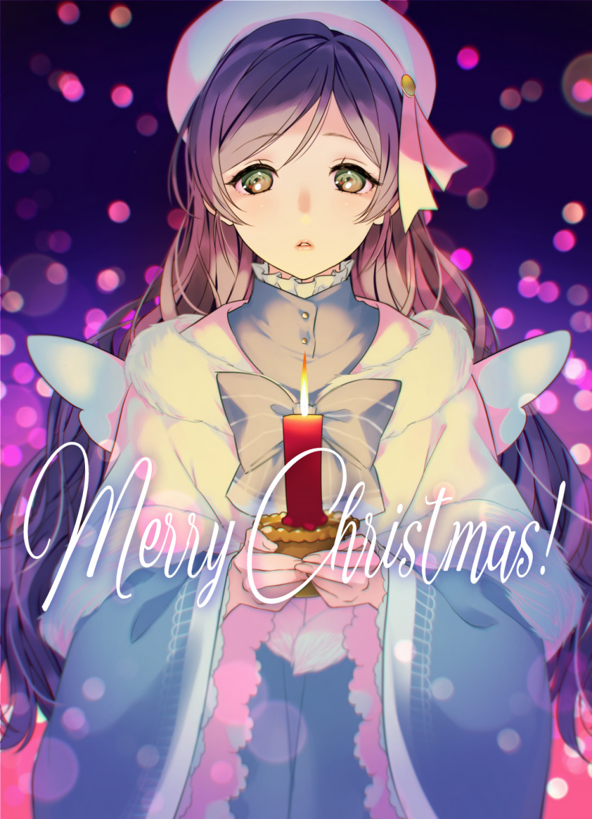 1girl beret blurry bokeh bow bowtie candle capelet commentary depth_of_field english_commentary english_text fur_capelet green_eyes grey_neckwear hat hat_ribbon highres holding holding_candle kate_iwana long_hair love_live! love_live!_school_idol_project merry_christmas parted_lips purple_hair ribbon sidelocks solo striped striped_neckwear toujou_nozomi upper_body white_capelet white_sleeves wide_sleeves wings