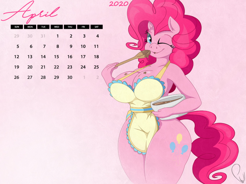 anthro anthrofied apron big_breasts bottomless breasts calendar clothed clothing cutie_mark earth_pony equid equine female friendship_is_magic horse mammal mostly_nude my_little_pony phylloaurea pinkie_pie_(mlp) pony