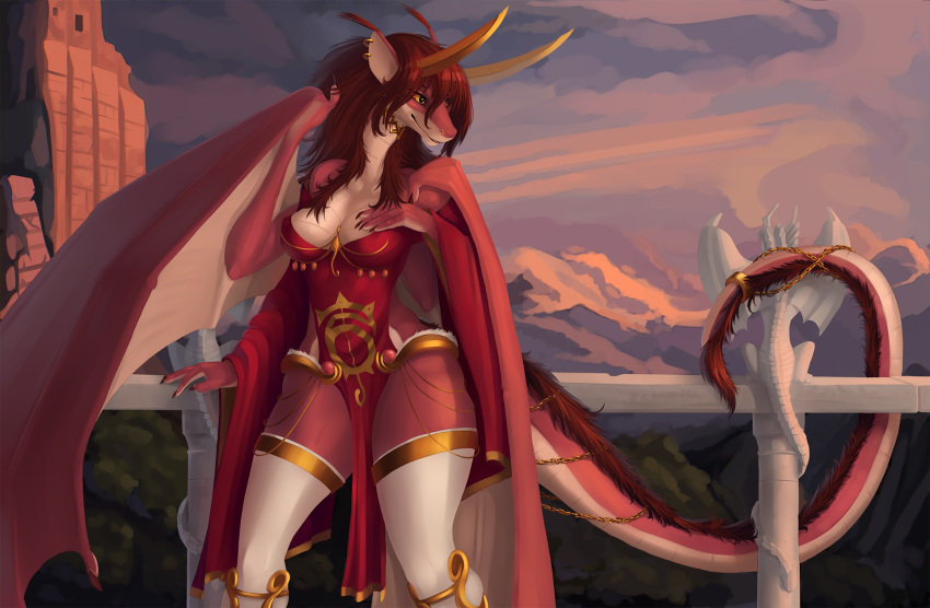 anthro breasts brown_hair claws clothing dragon dress evening female hair hi_res jewelry legwear long_neck long_torso membrane_(anatomy) membranous_wings merrunz piercing scalie sculpture sky solo standing statue stockings thick_tail thick_thighs wings yellow_eyes