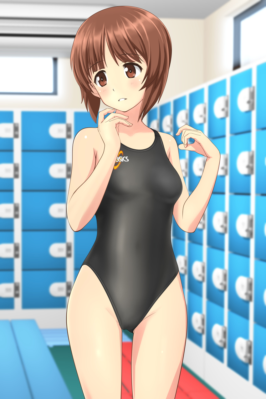 1girl absurdres asics ass_visible_through_thighs bench black_swimsuit blurry breasts brown_eyes brown_hair competition_swimsuit cowboy_shot depth_of_field girls_und_panzer highres indoors locker locker_room logo looking_to_the_side nishizumi_miho one-piece_swimsuit parted_lips short_hair small_breasts solo standing swimsuit takafumi