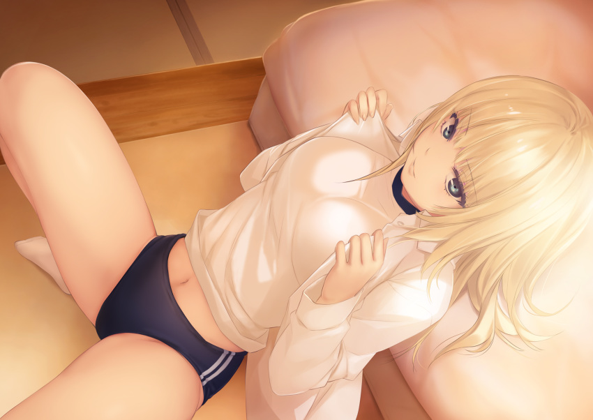 bed blonde_hair bloomers blue_eyes coffee-kizoku gym_uniform navel original shirt short_hair socks spread_legs