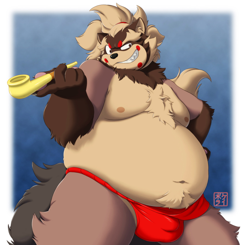 1:1 asian_clothing belly bulge canid canine clothing east_asian_clothing fundoshi goemon_(tas) hi_res japanese_clothing male mammal moobs navel nipples overweight overweight_male pipe pokelai raccoon_dog tanuki tokyo_afterschool_summoners underwear video_games