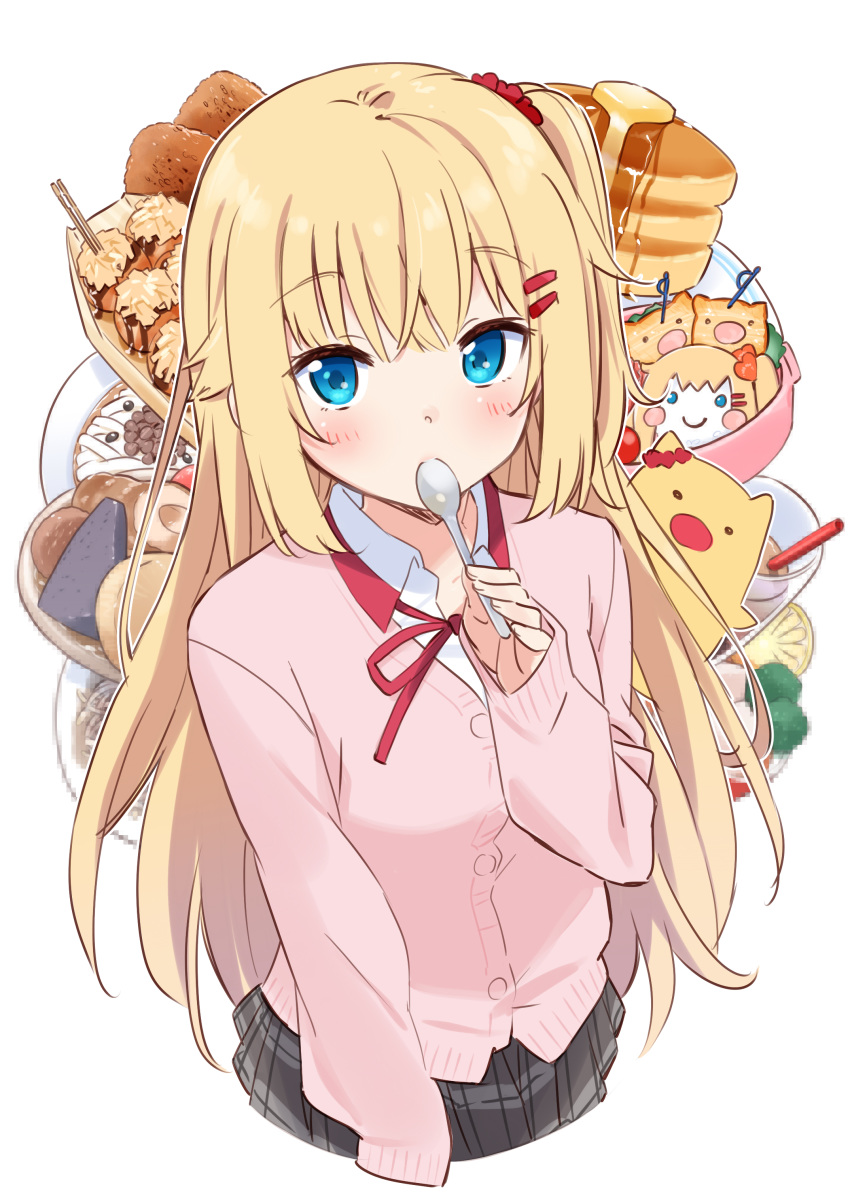 1girl absurdres akai_haato bangs blonde_hair blue_eyes blush buttons cardigan collared_shirt commentary_request cookie covered_mouth croquette eyebrows_visible_through_hair food grey_skirt haaton_(haato_channel) hair_ornament hairclip highres holding holding_spoon hololive long_hair long_sleeves looking_at_viewer mousou_(mousou_temporary) neck_ribbon one_side_up pancake pink_cardigan pleated_skirt red_ribbon ribbon shirt simple_background skirt sleeves_past_wrists spoon sweets takoyaki virtual_youtuber white_background
