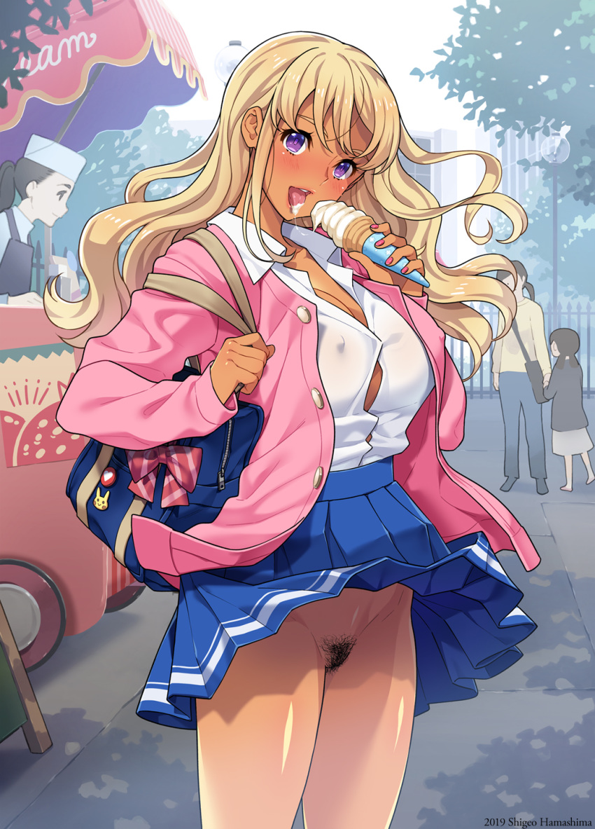 4girls :d apron artist_name badge bag black_hair blazer blonde_hair blue_skirt blush breasts button_badge button_gap buttons chef_hat child cleavage collared_shirt concrete covered_nipples dark_skin exhibitionism faceless faceless_female flat_top_chef_hat food food_stand groin gyaru hamashima_shigeo hat highres ice_cream ice_cream_cone jacket lamppost long_hair long_sleeves looking_at_viewer miniskirt multiple_girls no_bra no_panties open_clothes open_jacket open_mouth original outdoors parasol pink_jacket pink_nails pleated_skirt ponytail pubic_hair purple_eyes school_bag school_uniform shirt skirt smile solo_focus standing teeth tongue tongue_out tree umbrella white_shirt wind wind_lift