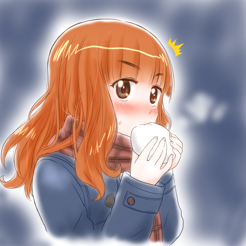 /\/\/\ 1girl bangs baozi blue_coat blunt_bangs blush brown_scarf casual commentary cropped_torso eating eyebrows_visible_through_hair food food_in_mouth girls_und_panzer highres long_hair long_sleeves looking_at_viewer noto-kanna orange_eyes orange_hair plaid plaid_scarf scarf solo sweatdrop takebe_saori upper_body