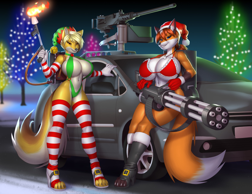 2019 absurd_res anthro armwear big_breasts bikini black_nose breasts canid canine canis car choker christmas cleavage clothed clothing coyote curvy_figure detailed_background digital_media_(artwork) dog_tags duo elf_hat eyebrows female fingers fire flamethrower footwear fox fur gatling_gun gloves gun hair handwear hat headgear headwear hi_res high_heels holidays huge_breasts jewelry legwear looking_at_viewer machine_gun mammal minigun multicolored_body multicolored_fur navel necklace outside pak009 ranged_weapon santa_hat shoes sling_bikini smile standing stockings swimwear topwear tree vehicle voluptuous weapon wendy_mathias_(lildredre) white_body white_fur