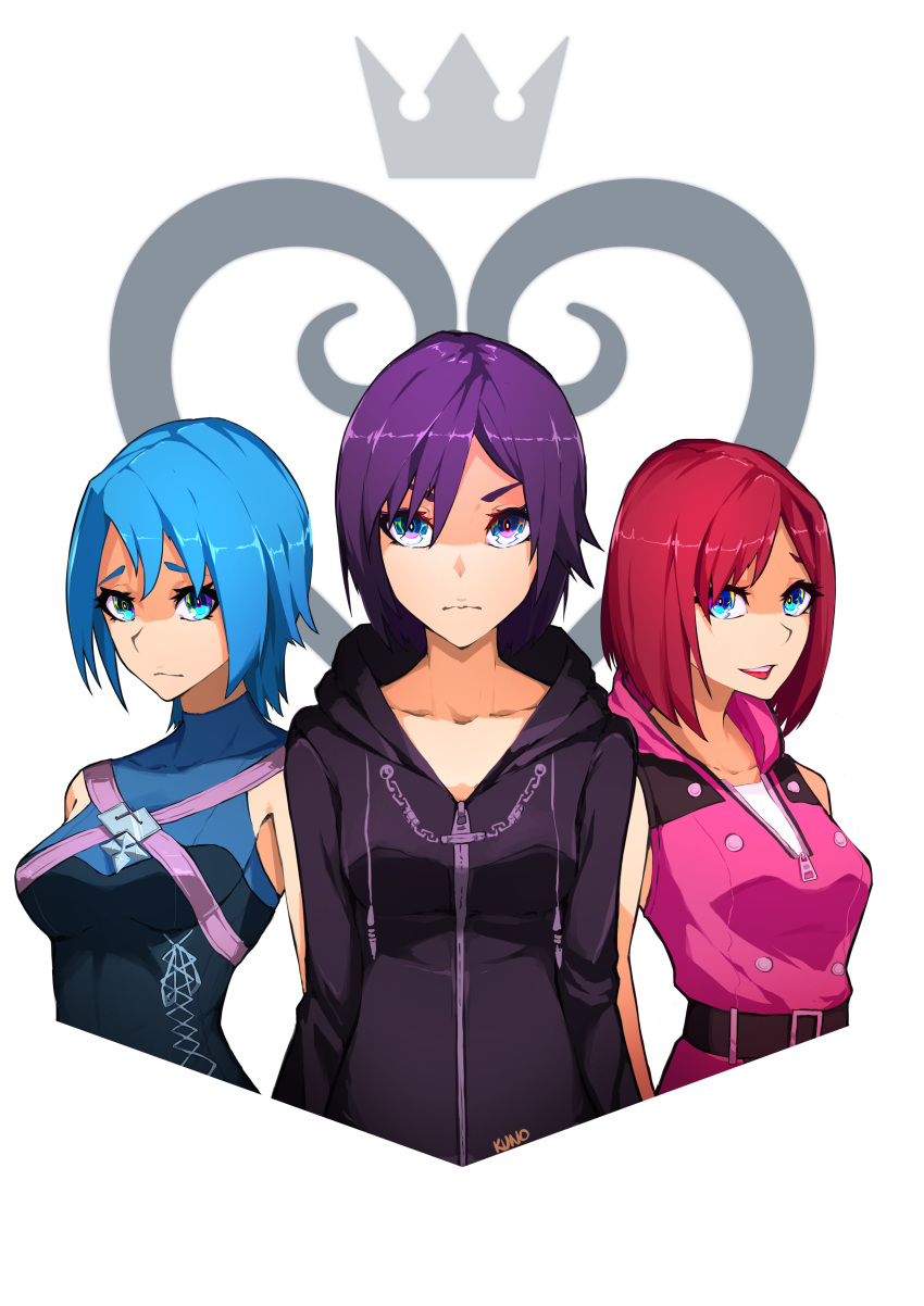 3girls absurdres aqua_(kingdom_hearts) artist_name bangs black_coat_(kingdom_hearts) blue_eyes blue_shirt breasts bustier closed_mouth collarbone commentary_request eyelashes highres hooded_coat kairi_(kingdom_hearts) kingdom_hearts kingdom_hearts_358/2_days kingdom_hearts_birth_by_sleep kuno_(runkunochan) medium_breasts medium_hair multiple_girls open_mouth purple_eyes shiny shiny_hair shirt short_hair sidelocks simple_background sleeveless sleeveless_jacket upper_body xion_(kingdom_hearts)