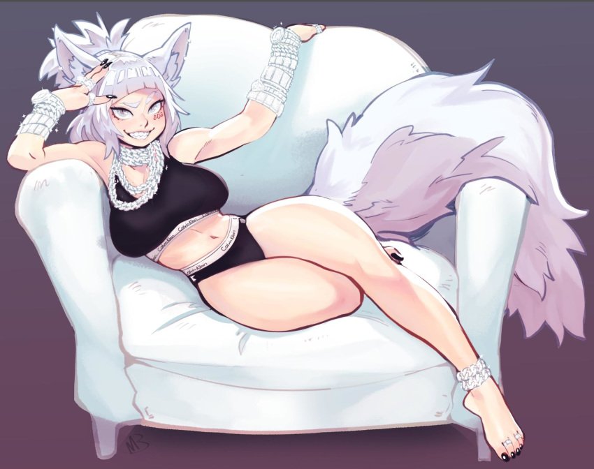 1girl animal_ear_fluff animal_ears anklet bangs barefoot black_nails black_panties borrowed_character bracelet breasts calvin_klein chain_necklace commentary couch english_commentary eymbee facial_tattoo fictional_persona fingernails fox_ears fox_tail full_body grin highres jewelry large_breasts large_tail legs_together long_fingernails looking_at_viewer lying navel on_side original panties product_placement reclining ring sharp_teeth short_ponytail silver_eyes silver_hair slit_pupils smile solo tail tattoo teeth thick_eyebrows thick_thighs thighs toe_ring toenail_polish too_many underwear wristlet