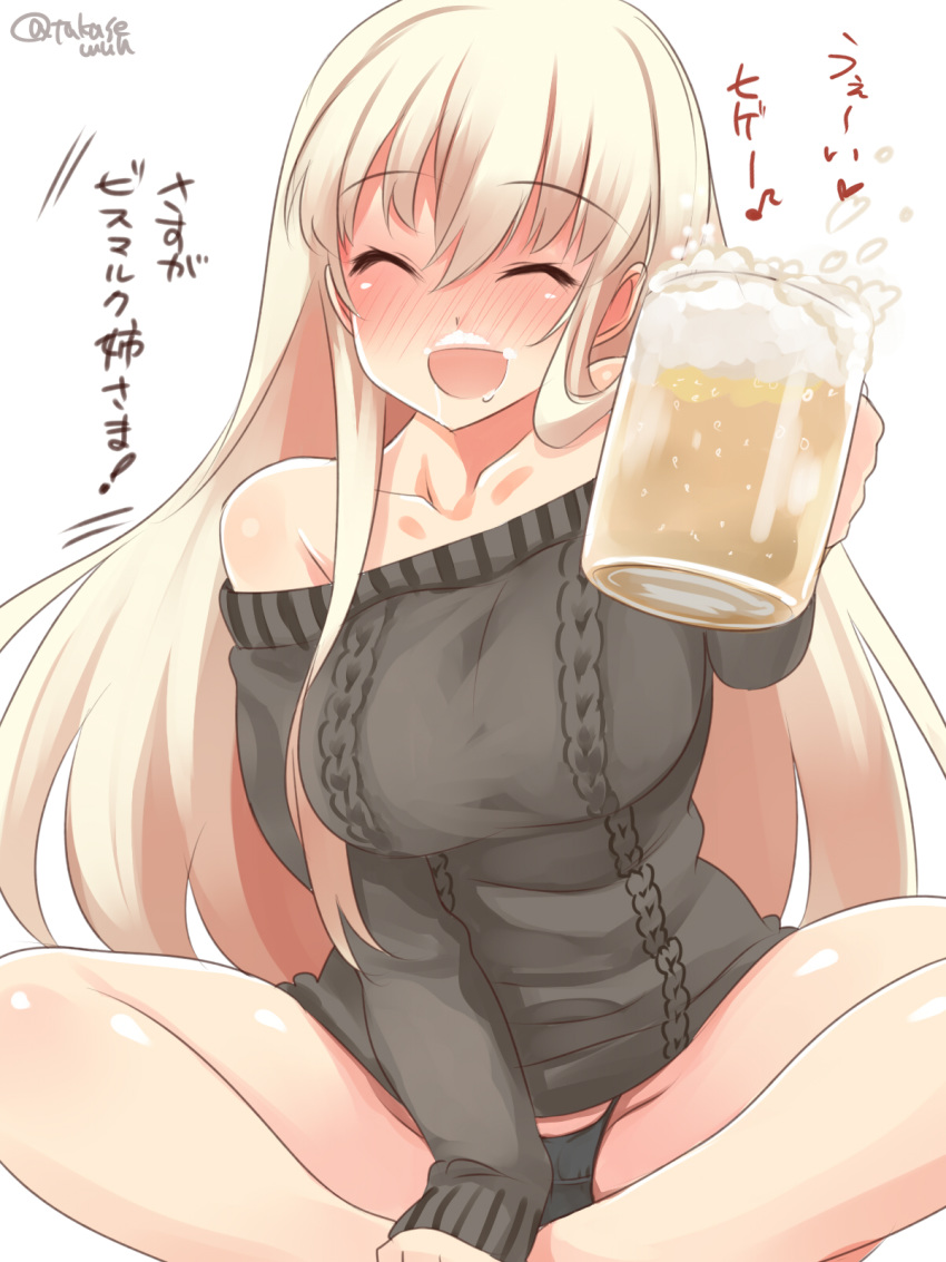 1girl alcohol bangs beer beer_mug bismarck_(kantai_collection) black_panties blonde_hair blush breasts closed_eyes collarbone crossed_legs cup eyebrows_visible_through_hair foam glass heart highres holding kantai_collection large_breasts long_hair long_sleeves musical_note open_mouth panties saliva simple_background sitting solo sweater takase_muu underwear white_background