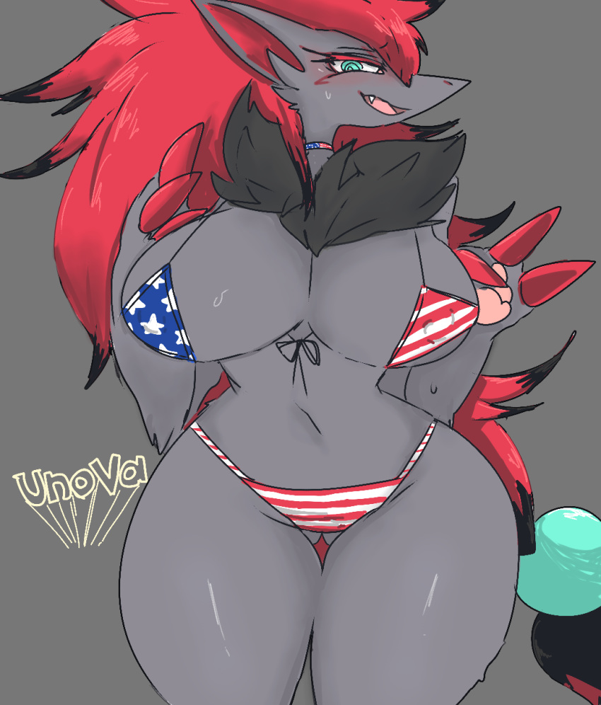 2019 anthro big_breasts bikini blue_eyes blush bodily_fluids breasts butt_from_the_front canid canine claws clothed clothing collar digital_media_(artwork) female front_view fur grey_background grey_body grey_fur hair hi_res huge_breasts looking_at_viewer mammal meisaikawaii navel nintendo open_mouth pok&eacute;mon pok&eacute;mon_(species) red_hair simple_background smile solo standing string_bikini sweat sweatdrop swimwear teeth text thick_thighs tongue topwear united_states_of_america video_games wide_hips zoroark