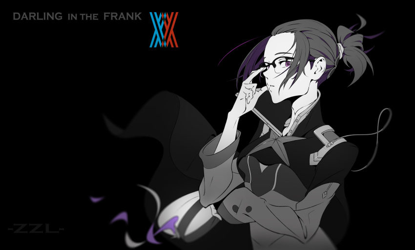 1girl absurdres arm_up artist_name black_background copyright_name darling_in_the_franxx glasses hair_ornament highres ikuno_(darling_in_the_franxx) jacket logo long_hair long_sleeves looking_at_viewer monochrome parted_lips ponytail purple_eyes purple_hair sidelocks simple_background solo uniform upper_body zzl