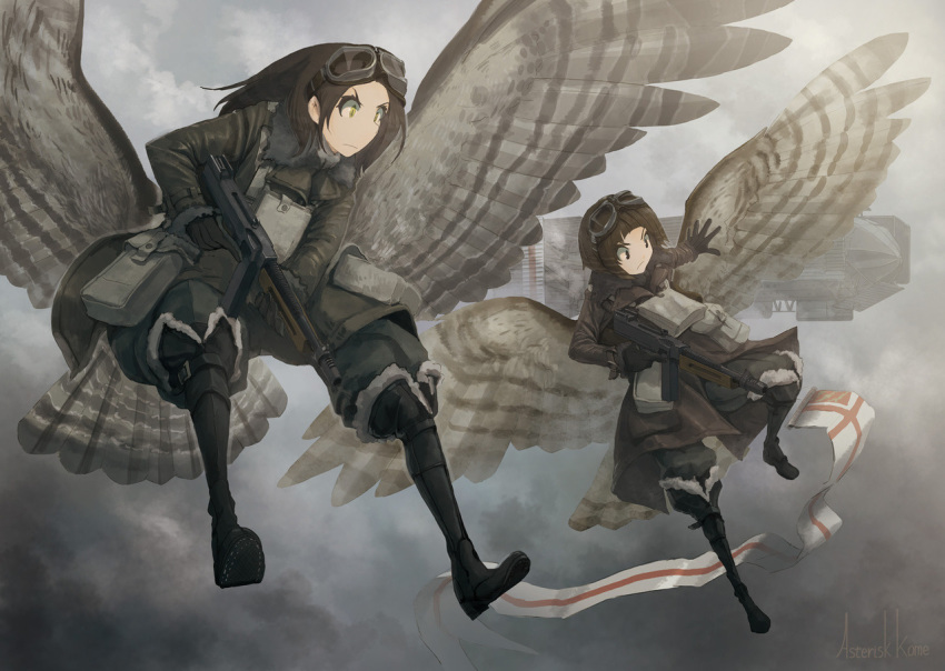 2girls aircraft artist_name asterisk_kome bird_wings black_coat black_eyes black_footwear black_gloves black_hair boots closed_mouth cloud day dirigible flying fog frown gloves goggles goggles_on_head grey_pants grey_sky gun holding holding_gun holding_weapon jacket knee_boots leather leather_jacket long_hair long_sleeves looking_to_the_side low_wings machine_gun multiple_girls pants parachute pennant pouch short_hair trigger_discipline weapon weapon_request winged_fusiliers wings yellow_eyes