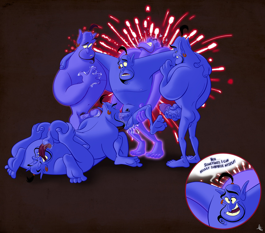 balls butt disney disney's_aladdin english_text genie_(aladdin) group hi_res humanoid humanoid_penis male male/male not_furry oral penis phenominalcosmicpowers pubes selfcest square_crossover text