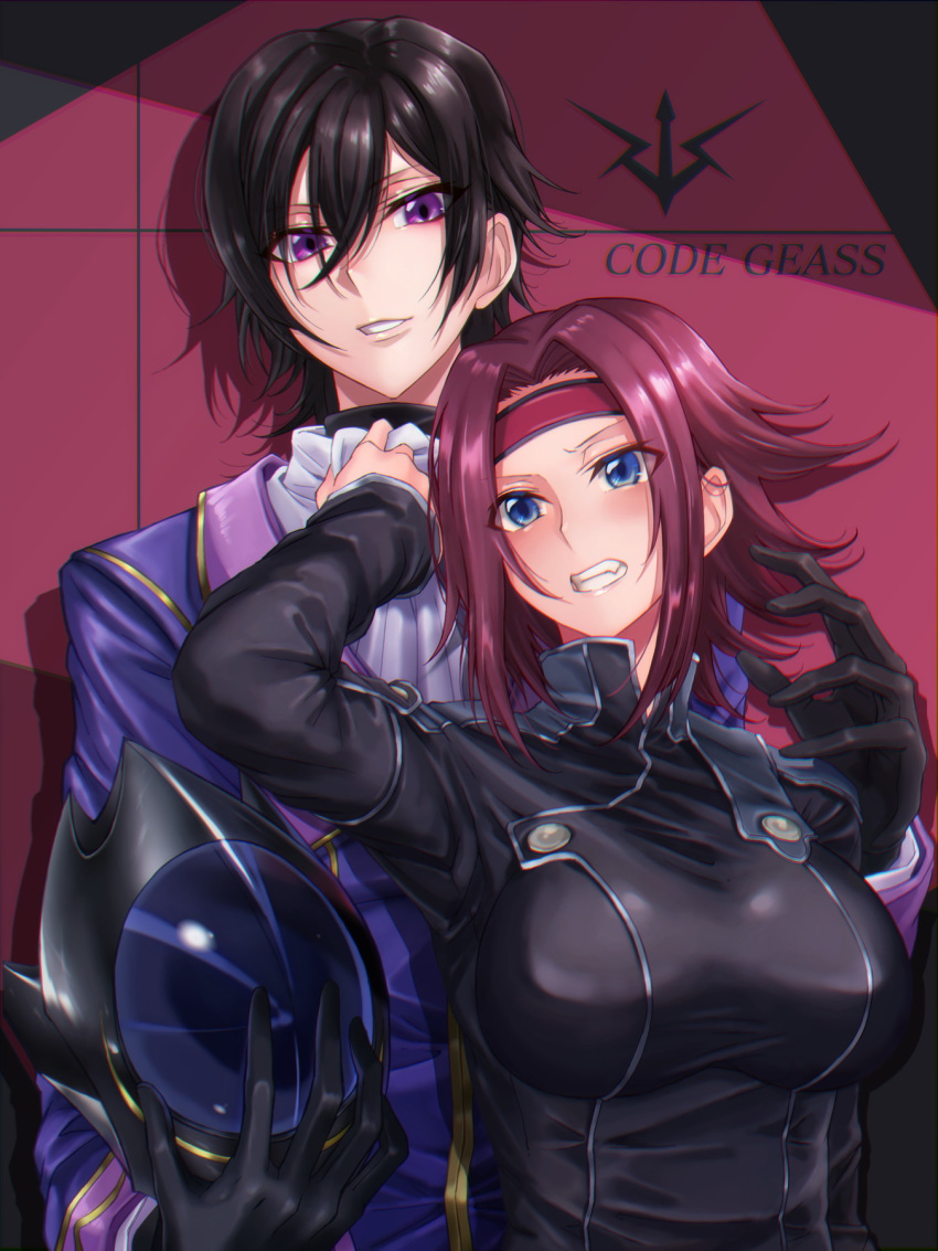 1boy 1girl black_gloves black_hair blue_eyes blush breasts clenched_teeth code_geass gloves hair_between_eyes hair_flaps headband headwear_removed helmet helmet_removed hetero highres hikari_(komitiookami) kallen_stadtfeld large_breasts lelouch_lamperouge long_sleeves looking_at_viewer medium_hair order_of_the_black_knights_uniform parted_lips purple_eyes purple_hair smile teeth upper_body