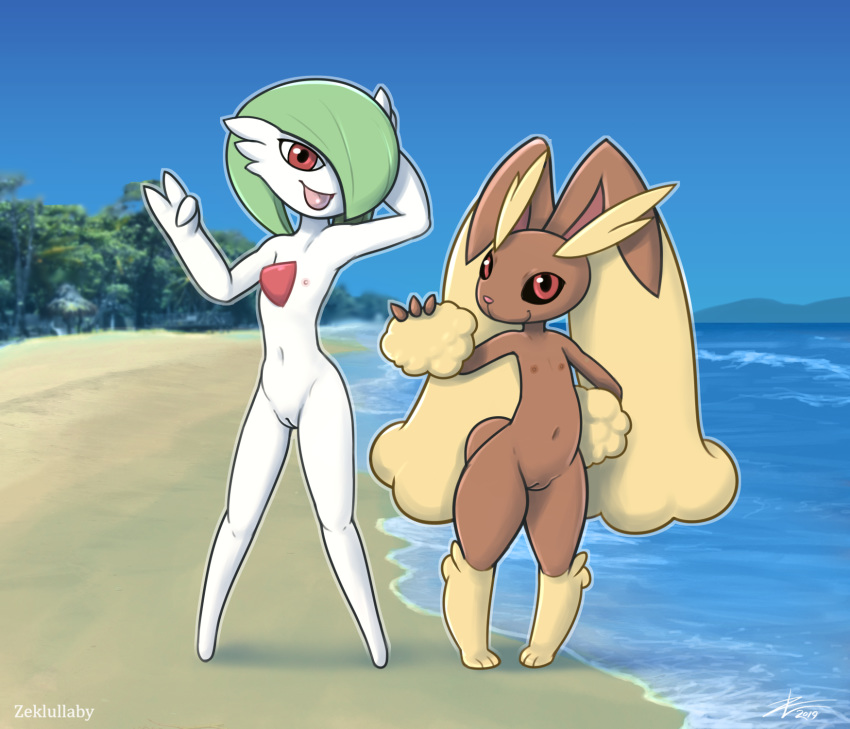 2019 3_fingers 3_toes anthro beach biped black_sclera blue_sky day duo female fingers flat_chested front_view gardevoir hi_res humanoid looking_at_viewer lopunny navel nintendo nipples nude outside pok&eacute;mon pok&eacute;mon_(species) pussy red_eyes seaside sky standing toes video_games water zekromlover