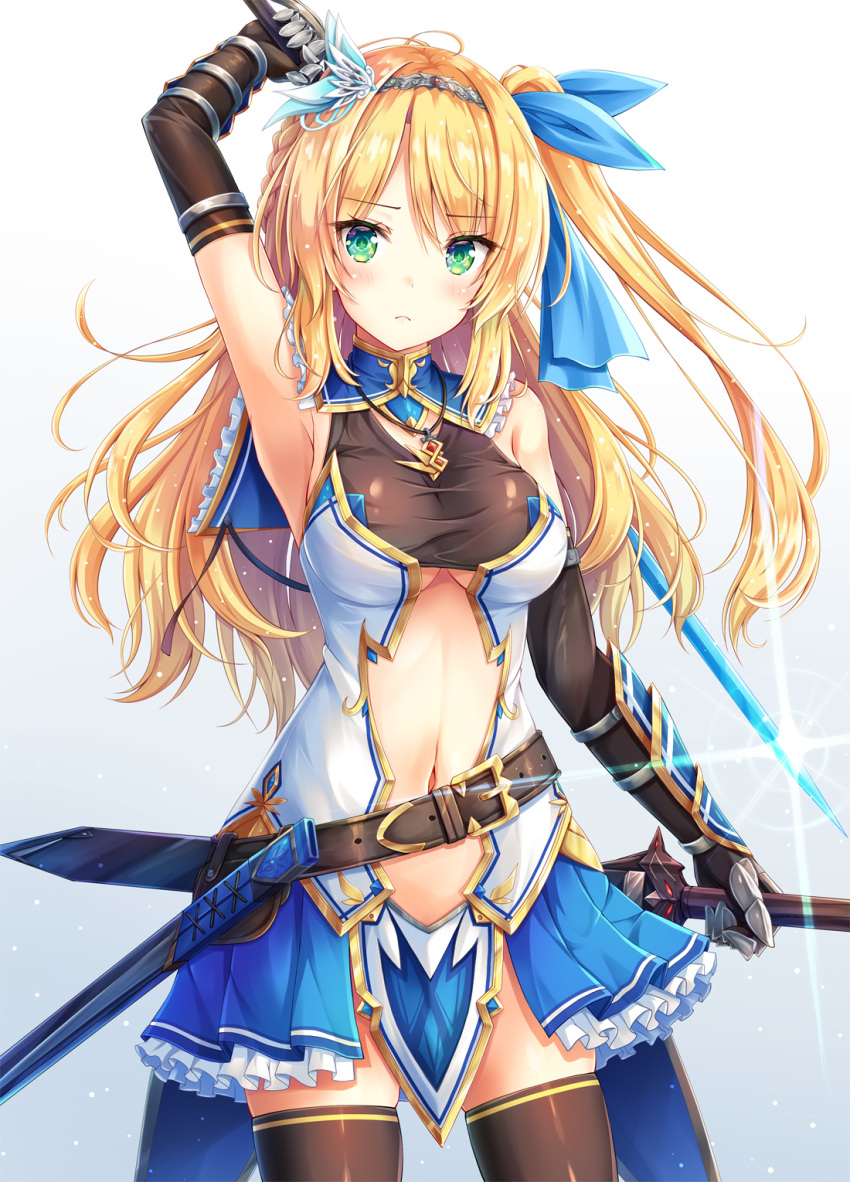1girl akashio_(loli_ace) arm_up armpits bare_shoulders belt blonde_hair blue_ribbon blue_skirt braid breasts brown_gloves brown_legwear center_opening closed_mouth cowboy_shot dual_wielding elbow_gloves frilled_shirt_collar frills frown gauntlets glint gloves gold_trim gradient gradient_background green_eyes hair_ribbon hairband highres holding holding_sword holding_weapon jewelry long_hair looking_at_viewer medium_breasts miniskirt navel necklace one_side_up original pelvic_curtain pleated_skirt rapier ribbon sheath shirt showgirl_skirt skindentation skirt sleeveless sleeveless_shirt solo standing stomach sword thighhighs underboob weapon white_background zettai_ryouiki