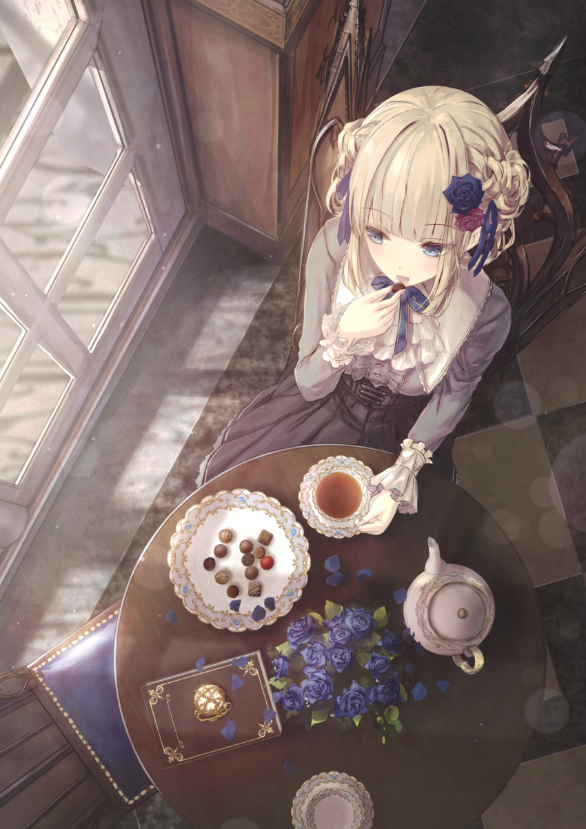 1girl black_skirt blonde_hair blue_flower blue_rose braid chair collared_shirt commentary_request cup flower food from_above hair_flower hair_ornament highres holding holding_cup holding_food indoors long_sleeves looking_away missile228 on_chair open_mouth original plate red_flower red_rose rose saucer shirt sidelocks sitting skirt sleeves_past_wrists solo table tea teacup teapot white_shirt window