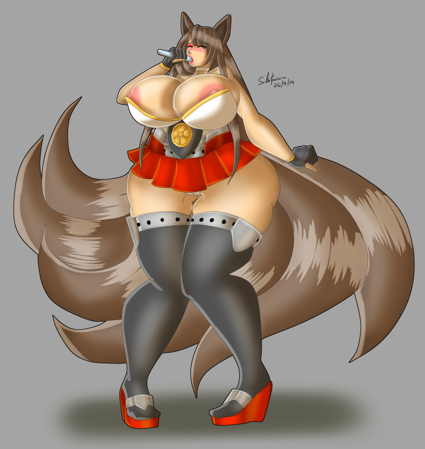 absurd_res animal_humanoid areola areola_slip big_breasts bottomwear breasts cleavage clothed clothing drinking female footwear hi_res high_heels humanoid mammal mule_heels multi_tail nipple_slip nipples panties silentpassion skirt solo tail thick_thighs underwear wedge_(footwear)