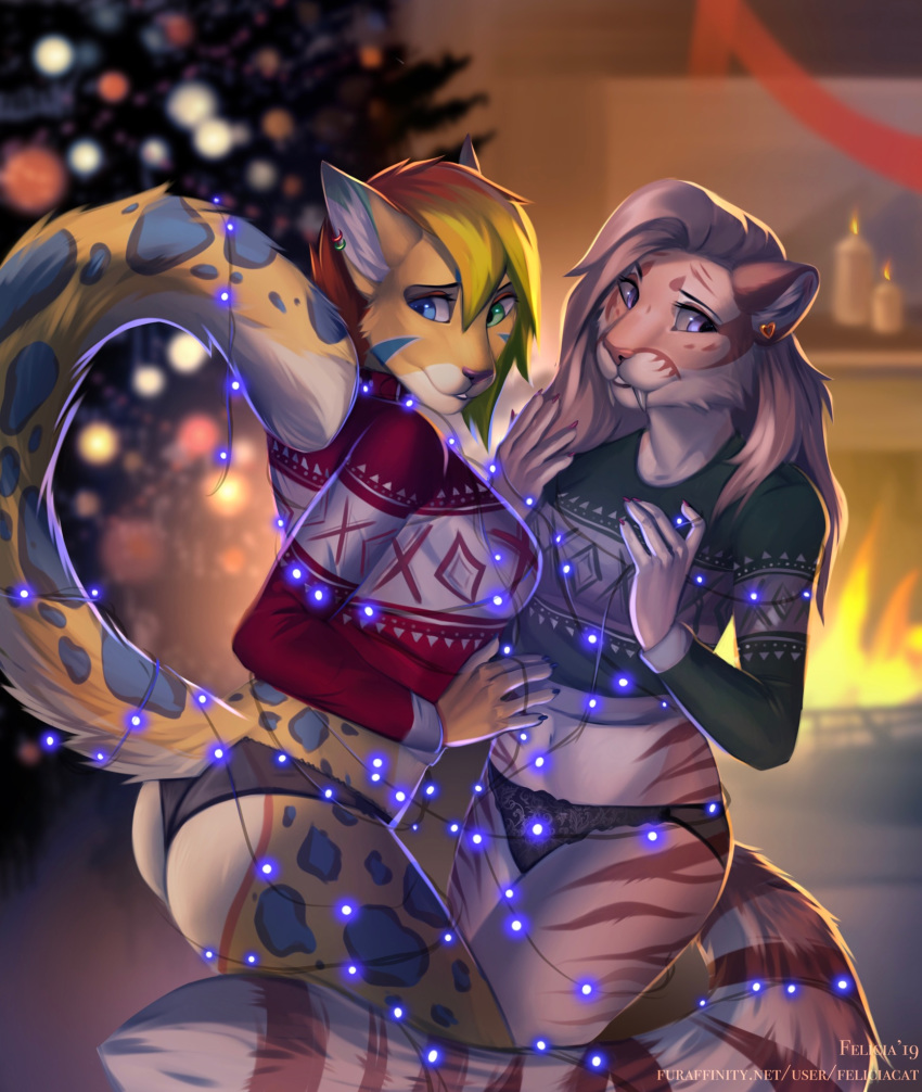 2019 5_fingers anthro blue_eyes blue_spots breasts butt candle christmas christmas_lights christmas_tree clothed clothing detailed_background duo ear_piercing ear_ring entangled eyebrows eyelashes feliciacat felid feline female fingers fire green_eyes hair heterochromia hi_res holidays leopardus lights machairodontine mammal midriff multicolored_hair navel ocelot pantherine panties piercing purple_eyes sabertooth_(disambiguation) smurple spots standing stripes sweater tiger topwear tree underwear