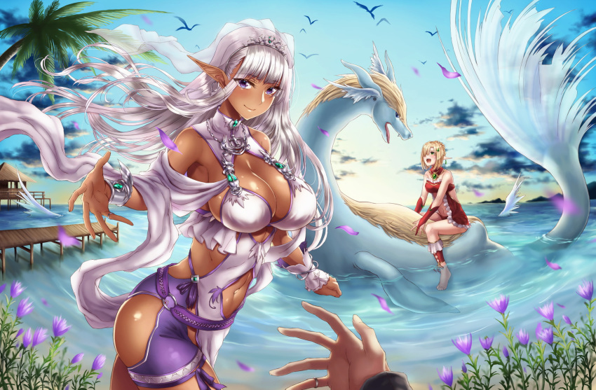 2girls :d armpits bangs bare_shoulders blonde_hair blue_eyes blue_sky blush bracelet breasts cleavage closed_mouth cowboy_shot dark_elf dark_skin day dragon elf fantasy from_side hair_ornament hairclip highres hikari_(komitiookami) hip_vent jewelry large_breasts looking_at_viewer looking_to_the_side multiple_girls navel ocean open_mouth original palm_tree pier pointy_ears pov reaching_out revealing_clothes riding scrunchie shiny shiny_skin silver_hair sky smile tiara tree veil wrist_scrunchie