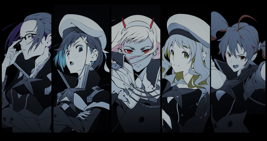 5girls absurdres bangs beret blonde_hair blue_eyes blue_hair breasts brown_eyes brown_hair closed_mouth collar darling_in_the_franxx glasses green_eyes hair_between_eyes hair_ornament hairband hat highres horns ichigo_(darling_in_the_franxx) ikuno_(darling_in_the_franxx) kokoro_(darling_in_the_franxx) long_hair long_sleeves looking_at_viewer miku_(darling_in_the_franxx) monochrome multiple_girls open_mouth pink_hair purple_eyes purple_hair red_eyes short_hair smile twintails uniform upper_body zero_two_(darling_in_the_franxx) zorome_(darling_in_the_franxx) zzl