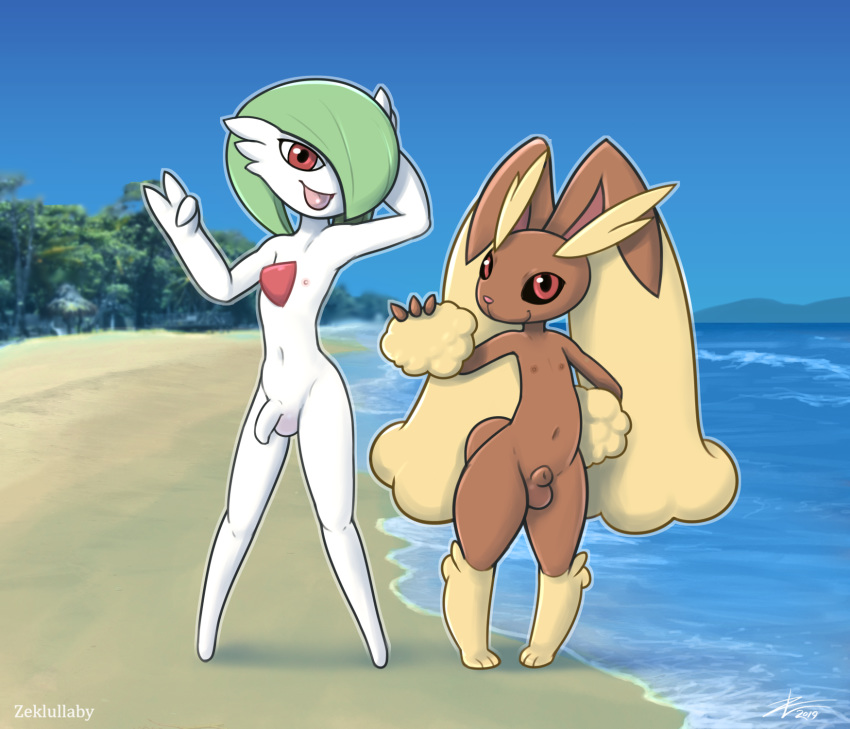 2019 3_fingers 3_toes animal_genitalia anthro balls beach biped black_sclera blue_sky day duo fingers flaccid front_view fully_sheathed gardevoir hi_res humanoid humanoid_penis looking_at_viewer lopunny male navel nintendo nipples nude outside penis pok&eacute;mon pok&eacute;mon_(species) red_eyes seaside sheath sky standing toes uncut video_games water zekromlover