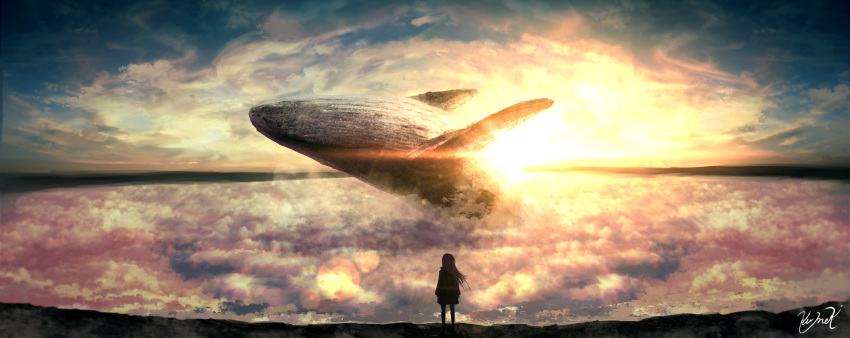 1girl absurdres backlighting blurry bokeh cloud cloudy_sky commentary dark depth_of_field fantasy from_behind highres horizon huge_filesize kumeki_(kk4615) lens_flare long_hair original scenery signature size_difference sky solo sunlight sunset water whale