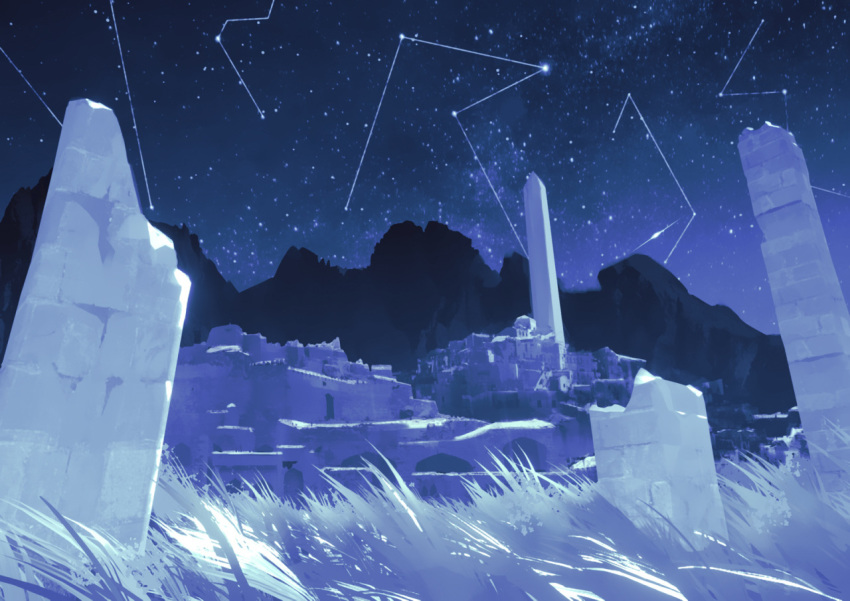 city constellation dark grass mountain night night_sky no_humans obelisk oomiya_io original outdoors ruins scenery sky wind