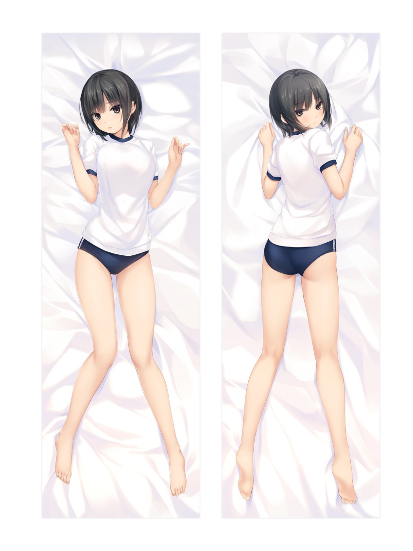 1girl aoyama_sumika ass bangs barefoot bed_sheet black_hair breasts brown_eyes closed_mouth coffee-kizoku commentary_request dakimakura eyebrows_visible_through_hair full_body highres looking_at_viewer lying medium_breasts multiple_views on_back on_stomach original shiny shiny_hair short_hair short_sleeves simple_background solo toes