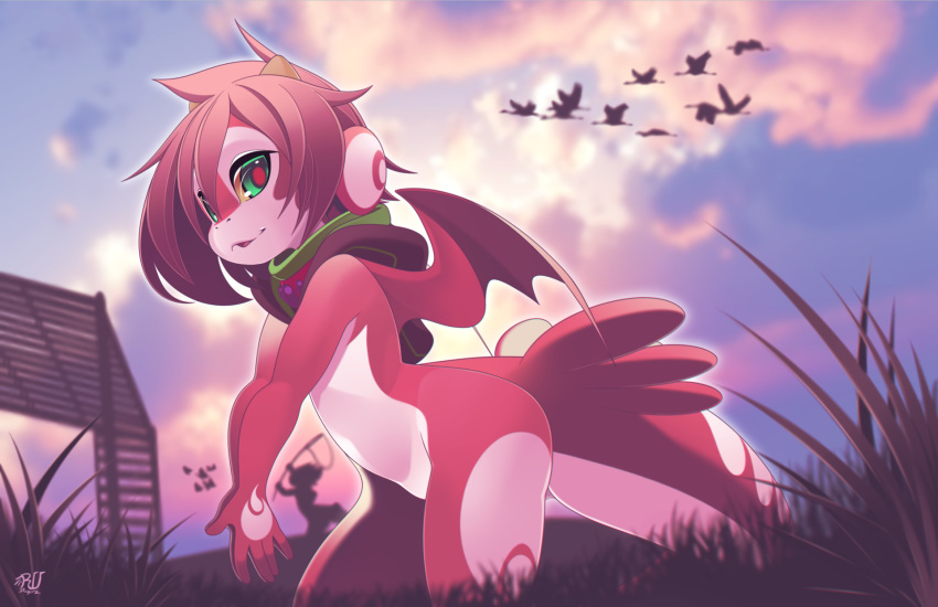 2019 5_fingers anthro day detailed_background digital_media_(artwork) dragon fingers grass green_eyes hair hi_res male membrane_(anatomy) membranous_wings outside red_hair rudragon sky standing wings