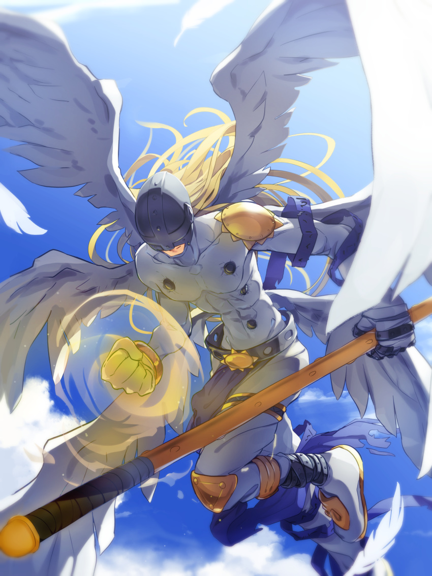 1boy abs angel angel_wings angemon blindfold blonde_hair blue_sky cane clenched_hand cloud collarbone covering_eyes covering_face digimon feathered_wings gloves highres holding holding_stick holding_weapon long_hair male_focus midair midriff multiple_wings muscle rb2 shoes sky solo stick wand weapon white_wings wings