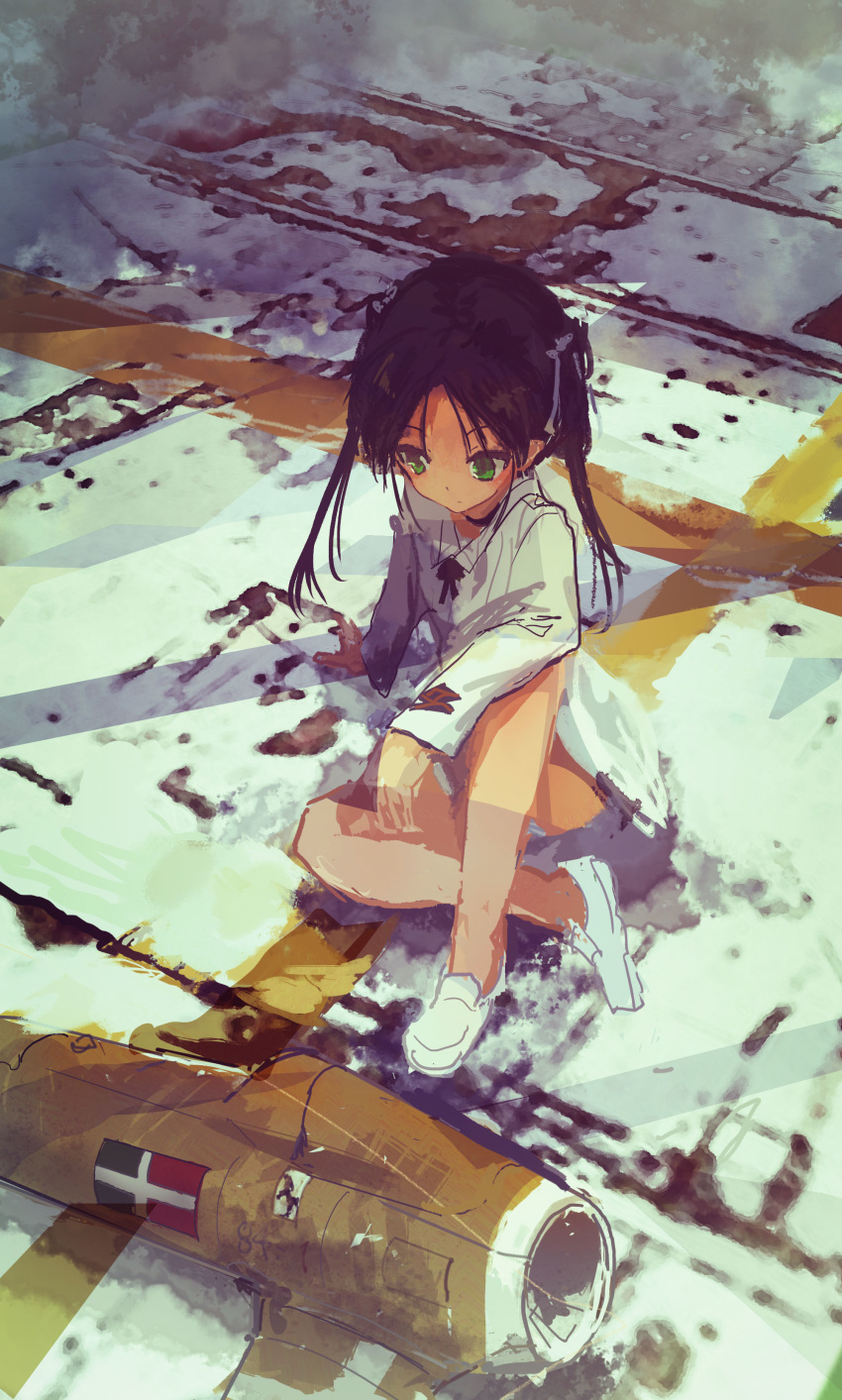 1girl absurdres arm_support black_hair blurry francesca_lucchini from_above green_eyes hair_ribbon highres indoors kabuyama_kaigi loafers long_hair neck_ribbon panties ribbon shadow shoes sitting sketch solo strike_witches striker_unit striped striped_panties twtintails underwear white_footwear world_witches_series