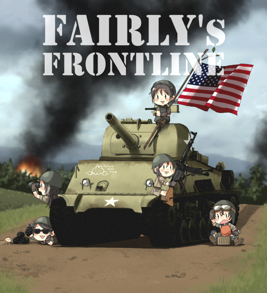 5girls adapted_uniform american_flag annin_musou apron assault_rifle binoculars blush blush_stickers boots branch browning_m2 chibi doujinshi explosive failure_penguin fairy_(kantai_collection) fire flag forest gloves goggles goggles_on_headwear grass grenade ground_vehicle gun hand_on_own_cheek hand_on_own_head helmet highres hill kantai_collection kilroy_was_here long_hair looking_afar looking_at_viewer looking_to_the_side lying m4_sherman military military_uniform military_vehicle motor_vehicle multiple_girls nature on_stomach outdoors rifle road sidelocks sitting skirt sky sleeves_rolled_up smoke stg44 sunglasses tank triangle_mouth uniform war wavy_mouth weapon world_war_ii wrench