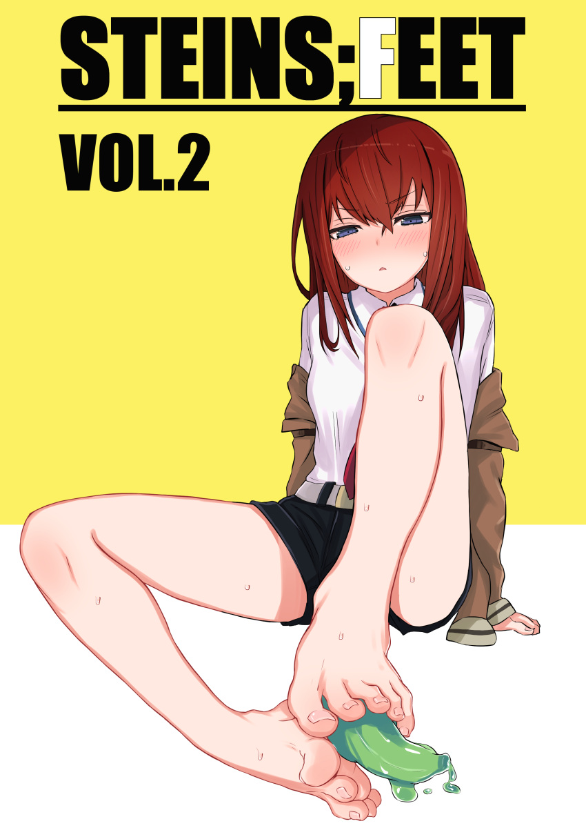 1girl absurdres bare_legs barefoot belt black_shorts blue_eyes blush breasts collared_shirt english_text eyebrows_visible_through_hair feet full_body gel_banana hair_between_eyes highres jacket kahlua_(artist) long_hair long_sleeves looking_down makise_kurisu off_shoulder red_hair sexually_suggestive shirt short_shorts shorts simple_background sitting small_breasts solo steins;gate straight_hair sweat thighs toes triangle_mouth two-tone_background white_background white_shirt yellow_background