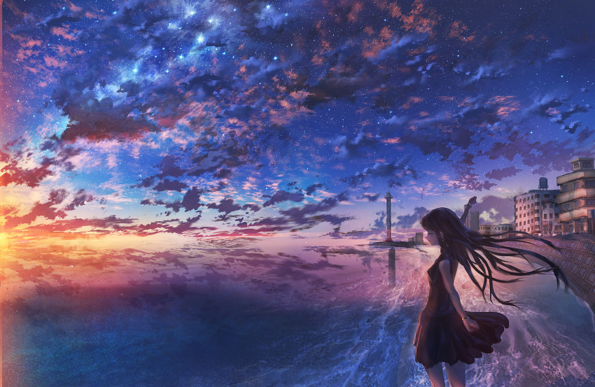 1girl beach black_dress black_hair bracelet city closed_eyes cloud colorful dark dress earrings highres horizon jewelry kenzo_093 lighthouse long_hair night night_sky ocean original outdoors outstretched_arms profile reflection scenery sky sleeveless sleeveless_dress smile solo star_(sky) sunset water wind
