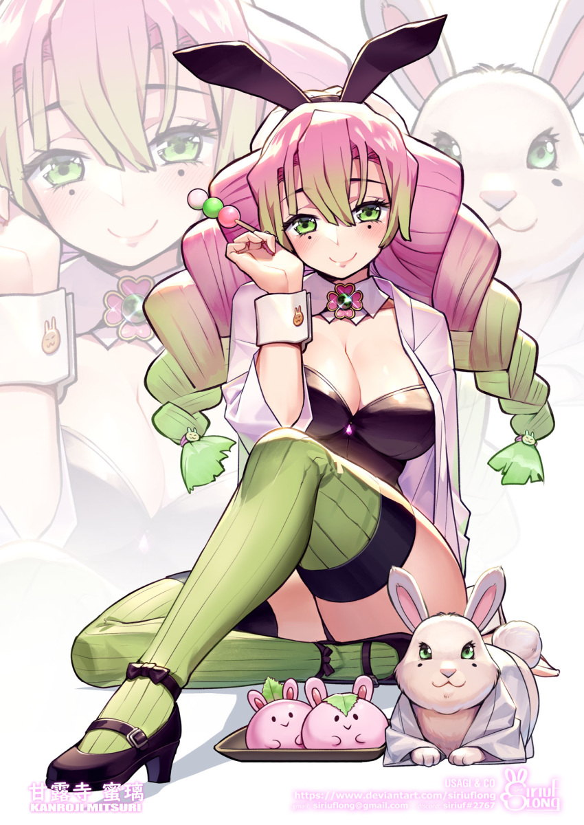 1girl alternate_costume animal animal_ears artist_logo artist_name black_footwear blush braid breasts brooch bunny bunny_ears bunny_girl bunny_symbol bunnysuit character_name cleavage clothed_animal crossed_legs dango detached_collar english_text fake_animal_ears food full_body glint gradient_hair green_eyes green_hair green_legwear hair_between_eyes haori high_heels highres japanese_clothes jewelry kanroji_mitsuri kimetsu_no_yaiba large_breasts lips long_hair looking_at_viewer low-tied_long_hair mole mole_under_eye multicolored_hair pink_hair ribbed_legwear sakura_mochi sanshoku_dango simple_background siriuflong sitting smile solo thighhighs thighs two-tone_hair wagashi watermark web_address white_background wrist_cuffs zoom_layer