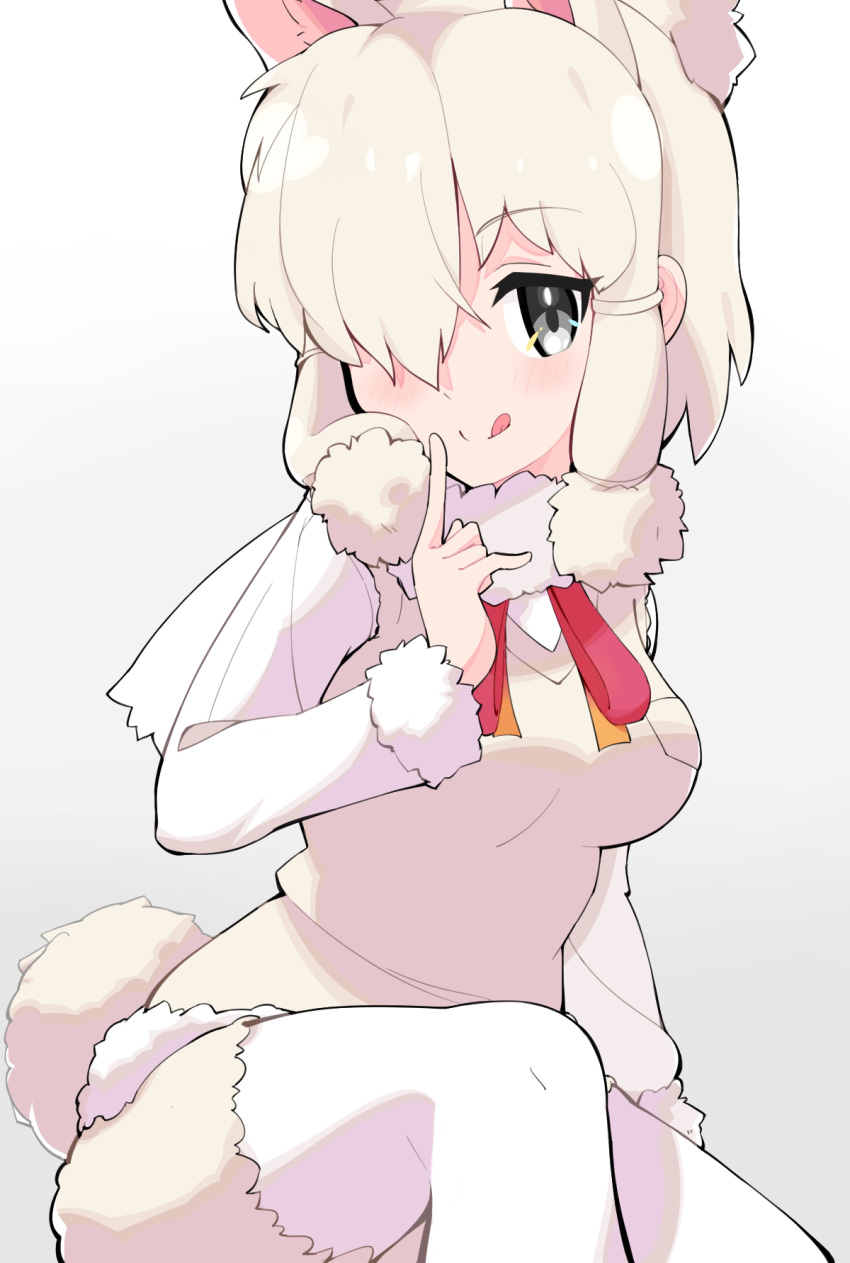 1girl :q alpaca_ears alpaca_suri_(kemono_friends) alpaca_tail animal_ears bangs closed_mouth commentary fur_collar gradient gradient_background grey_background grey_eyes hair_over_one_eye highres kemono_friends leg_up legwear_under_shorts licking_lips long_sleeves looking_at_viewer neck_ribbon pantyhose pointing pointing_up red_neckwear ribbon shirt short_hair shorts sidelocks sitting smile solo tail takosuke0624 tongue tongue_out v-neck vest white_hair white_legwear white_shirt white_shorts white_vest