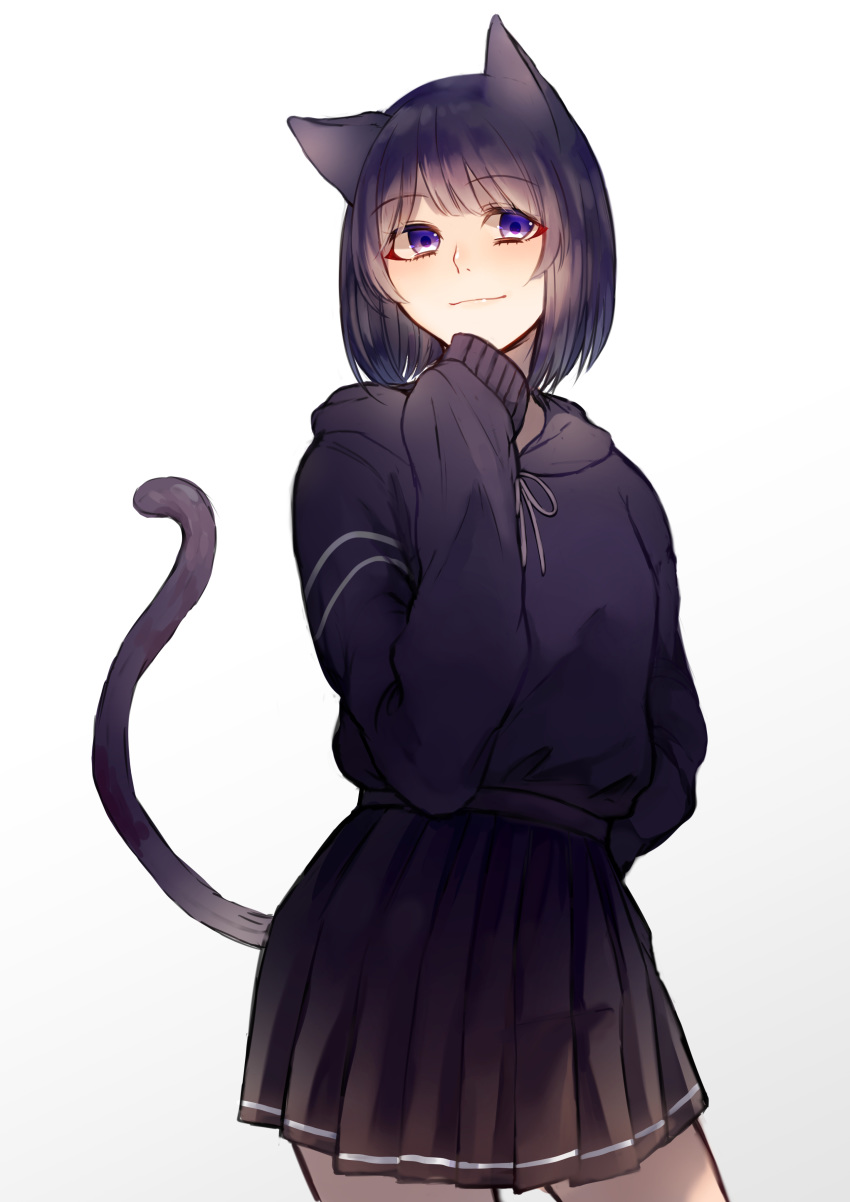 1girl absurdres animal_ears black_eyes black_hair black_hoodie black_skirt cat_ears cat_tail commentary_request hand_on_hip hand_up highres hood hood_down long_sleeves medium_hair original pleated_skirt rubianeko simple_background skirt sleeves_past_fingers sleeves_past_wrists solo standing tail